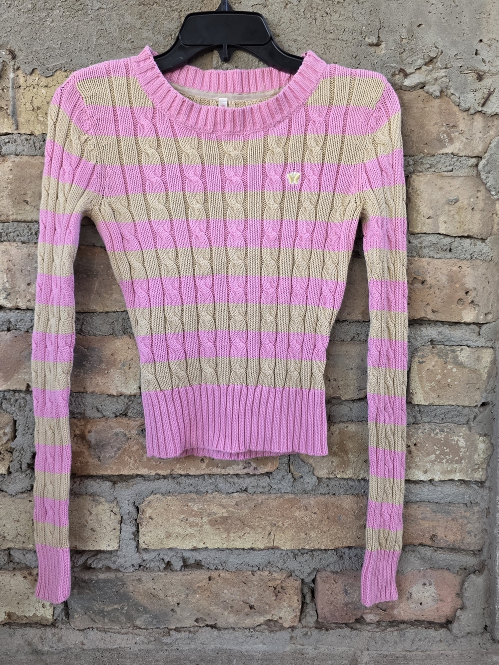 Pink & Tan Striped Cable Knit Sweater Long Sleeve Y2K Pullover Medium